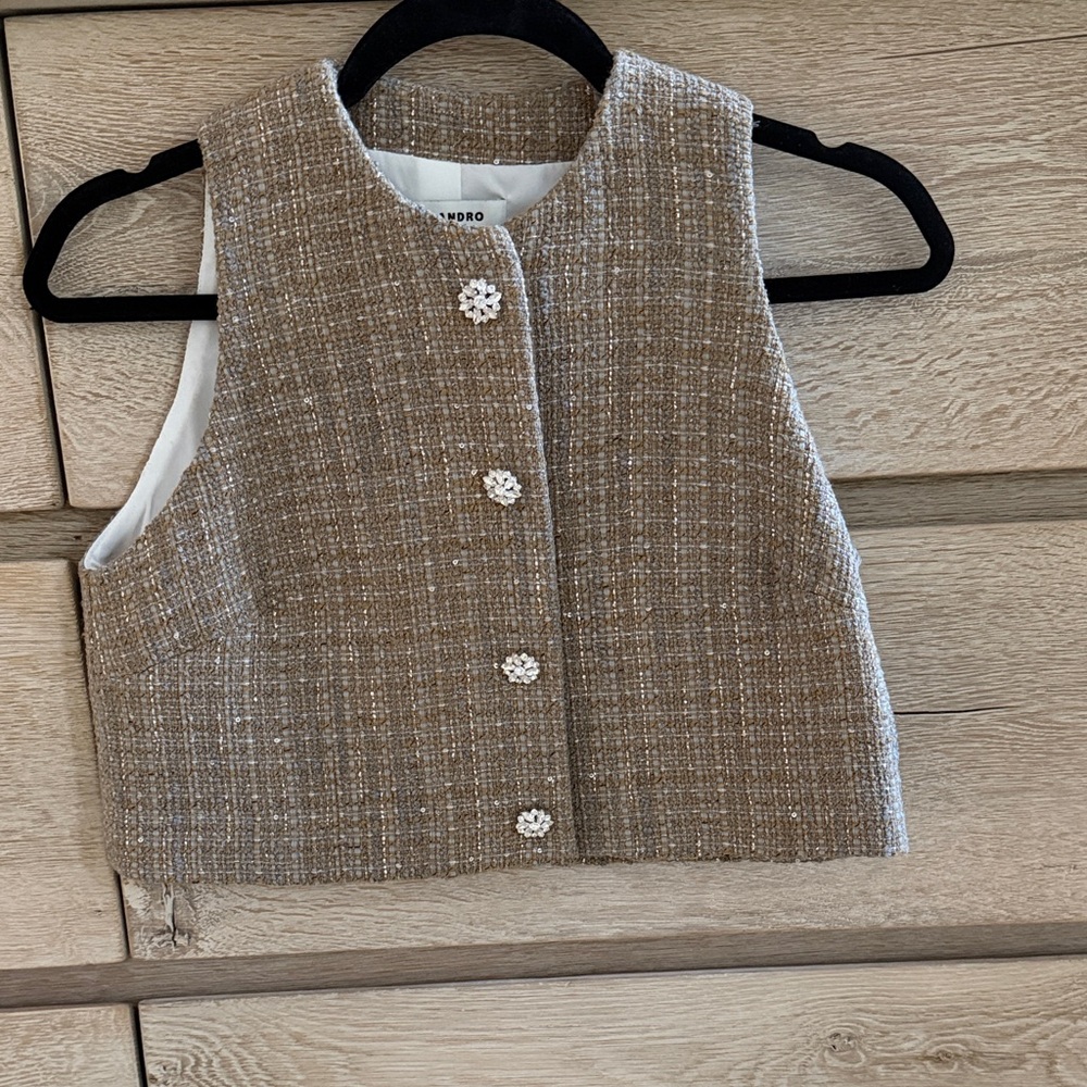 Chic Brown Tweed Vest with Floral Buttons